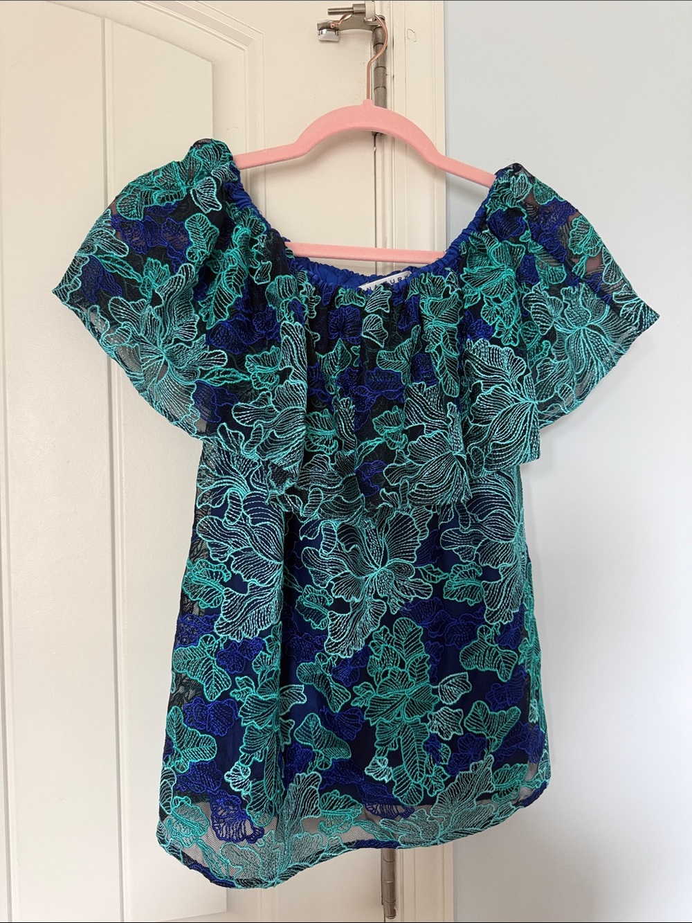 Trina Turk Navy & Teal Floral Off-Shoulder Blouse